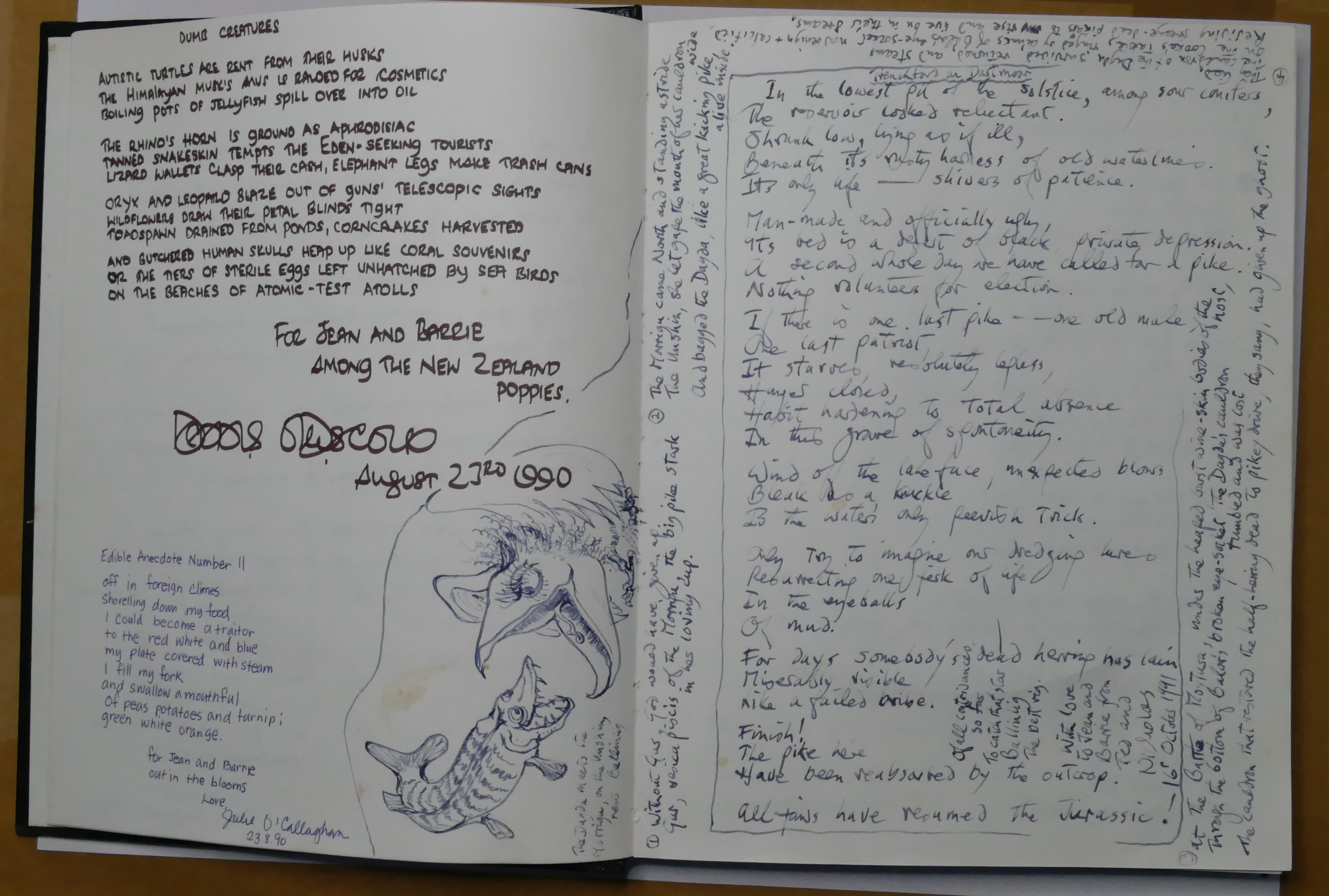 Ted Hughes cartoon of the Morrigu eating the Dagda, plus marginal notes and poem ‘Trenchford on Dartmoor’ (1990–92), in the guest book of Barrie Cooke and Jean Valentine. Also poems inscribed by Dennis O’Driscoll and Julie O’Callaghan. Credit: The Estates