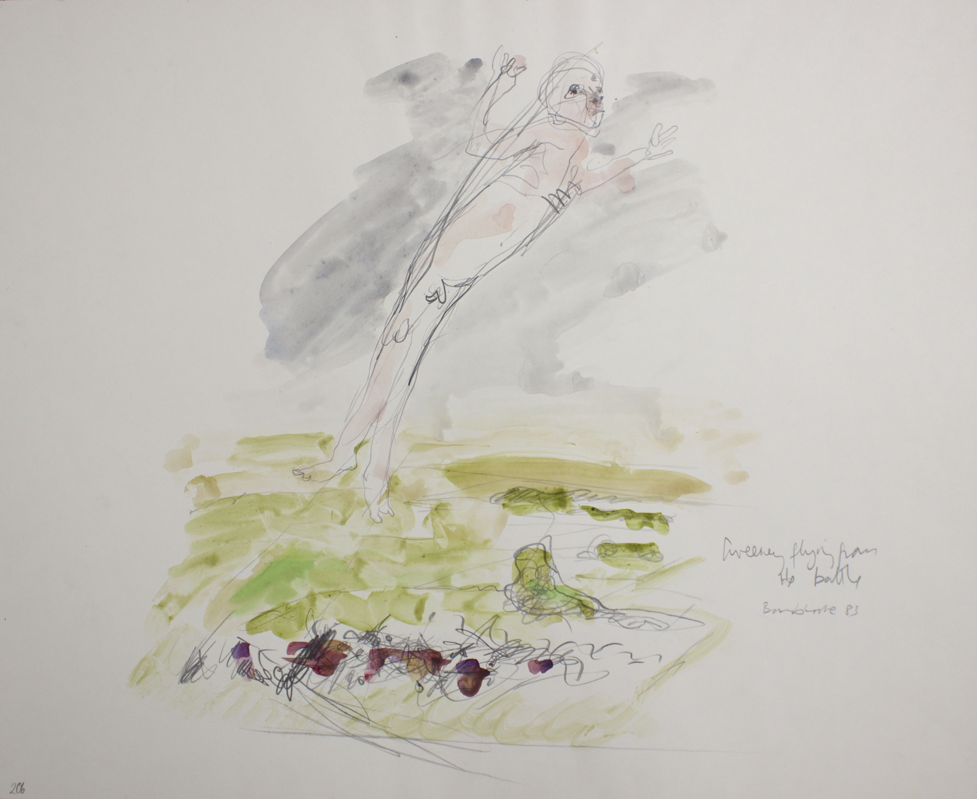 Barrie Cooke, ‘Sweeney flying from the battle’ (Watercolour and pencil, 1983) for Seamus Heaney’s Sweeney Astray (1984). Credit: The Estate of Barrie Cooke. Photograph by the Cambridge Colleges Conservation Consortium.