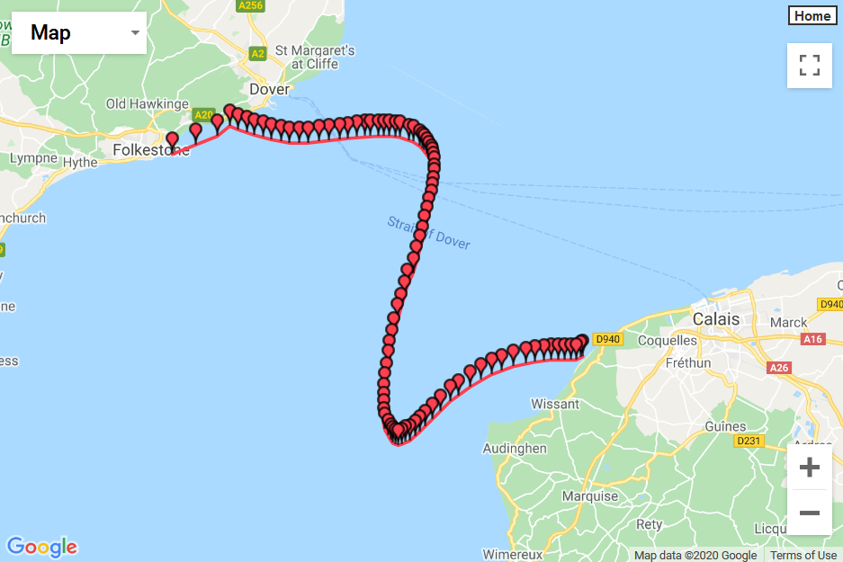 Map showingthe course Dan Shailer took swimming across the English Channel