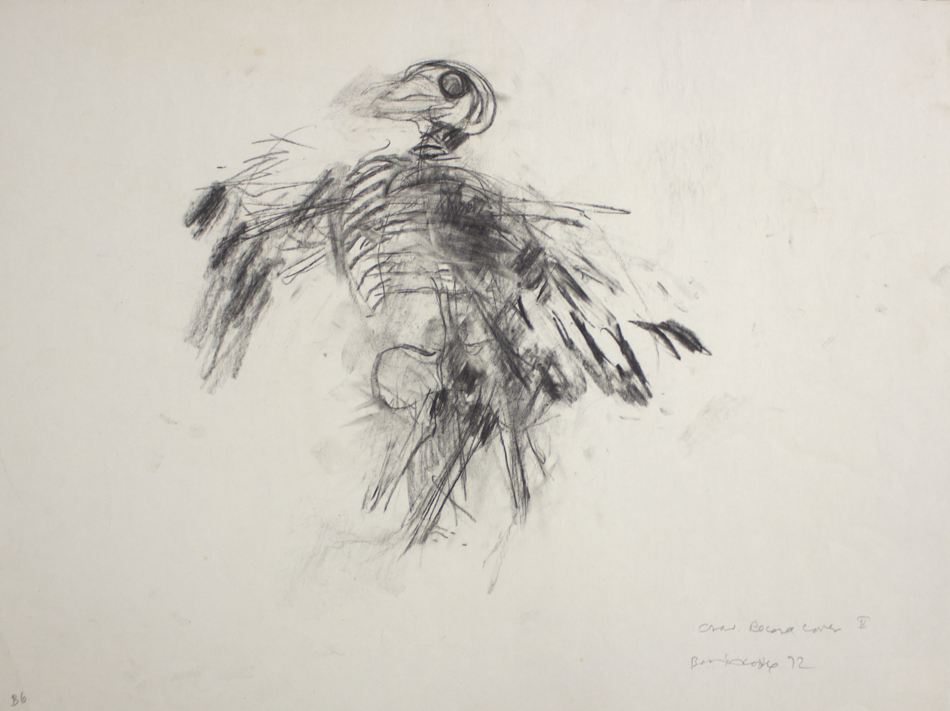 Barrie Cooke, ‘Crow II’ (Charcoal drawing, 1972) for the cover sleeve of Ted Hughes’ recording of Crow for Claddagh Records. Credit: The Estate of Barrie Cooke. Photograph by the Cambridge Colleges Conservation Consortium.