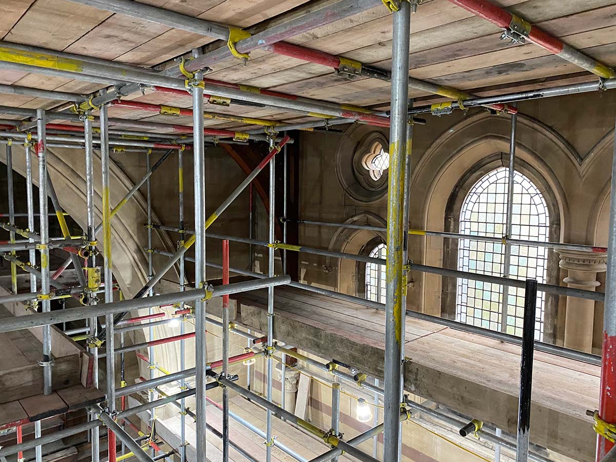 Scaffolding in the interior of the former Emmanuel United Reformed Church