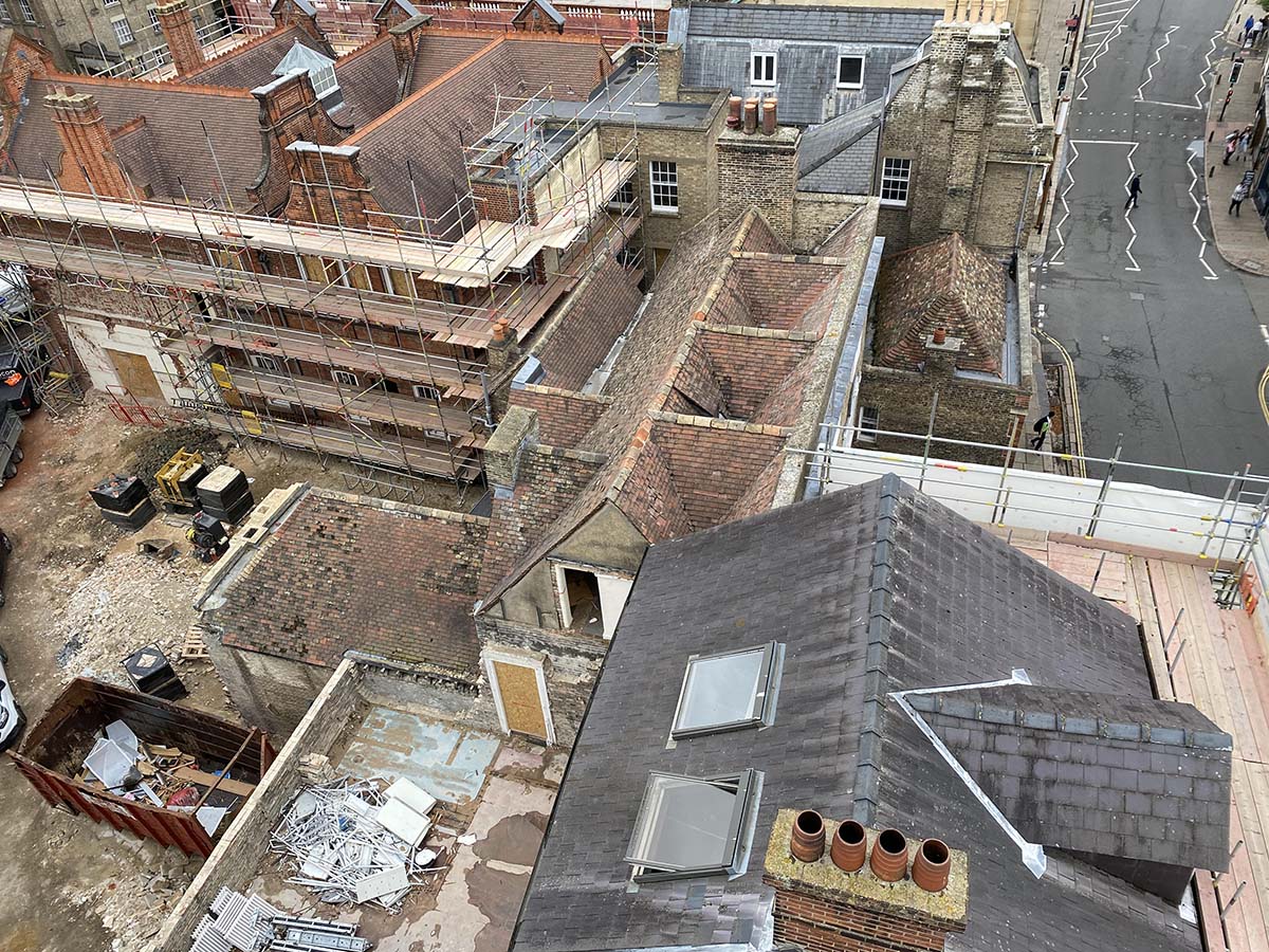 Aerial view of Mill Lane building site and down Trumpington Street