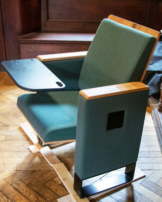 Auditorium Chair with table out - left-hand side view