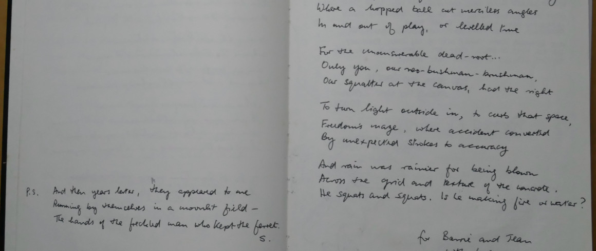 Two poems by Seamus Heaney, inscribed in the guest book of Barrie Cooke and Jean Valentine, 23 August 1990. Credit: The Heaney Estate. Photograph by Mark Wormald